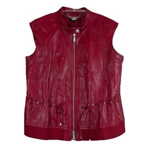 Worth NY Leather High Neck Cinch Waist Zip Moto Vest Jacket Maroon Red Size 10